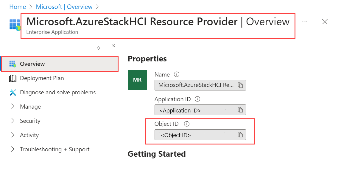 Cuplikan layar memperlihatkan ID objek untuk perwakilan layanan Penyedia Sumber Daya Azure Stack HCI.