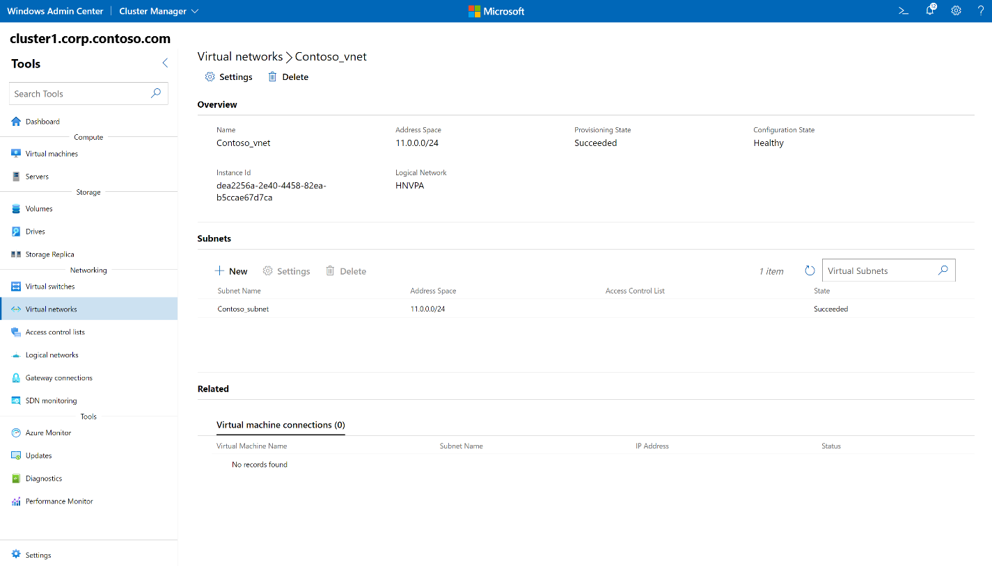 Screenshot of Windows Admin Center showing the details view of a virtual network.