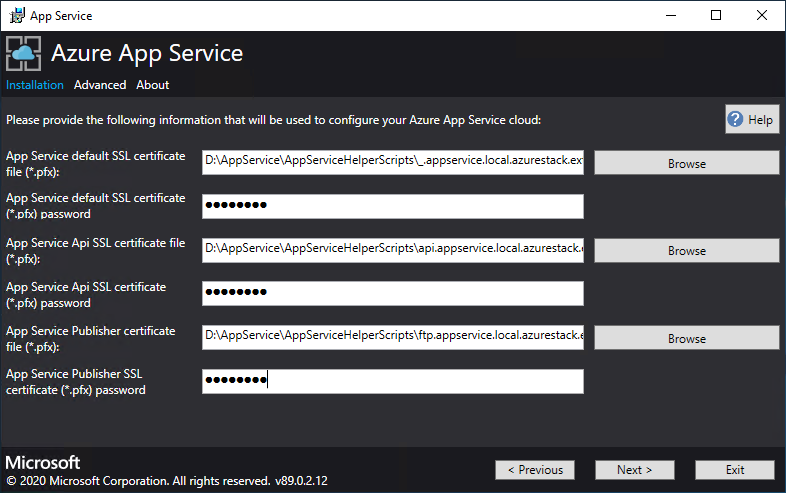 Cuplikan layar yang memperlihatkan layar tempat Anda memberikan detail sertifikat yang diperlukan di Alat Penginstal App Service