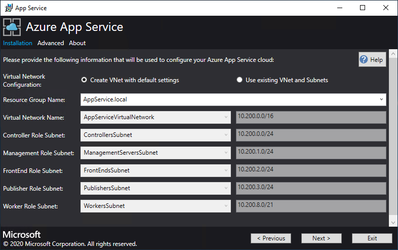 Cuplikan layar yang menunjukkan layar tempat Anda mengonfigurasi jaringan virtual di penginstal App Service.