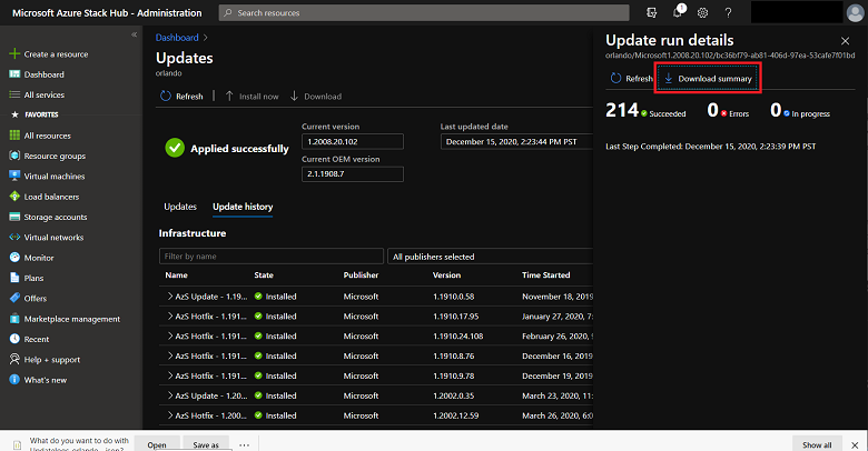 Detail eksekusi pembaruan Azure Stack Hub