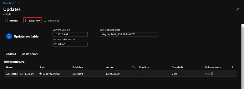 Cuplikan layar yang memperlihatkan cara memulai pembaruan di Azure Stack Hub.