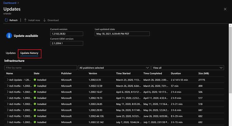 Riwayat pembaruan Azure Stack Hub