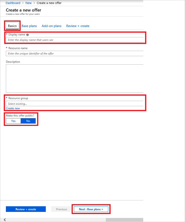 Cuplikan layar yang memperlihatkan tempat menambahkan informasi dasar tentang penawaran baru di Azure Stack Hub.