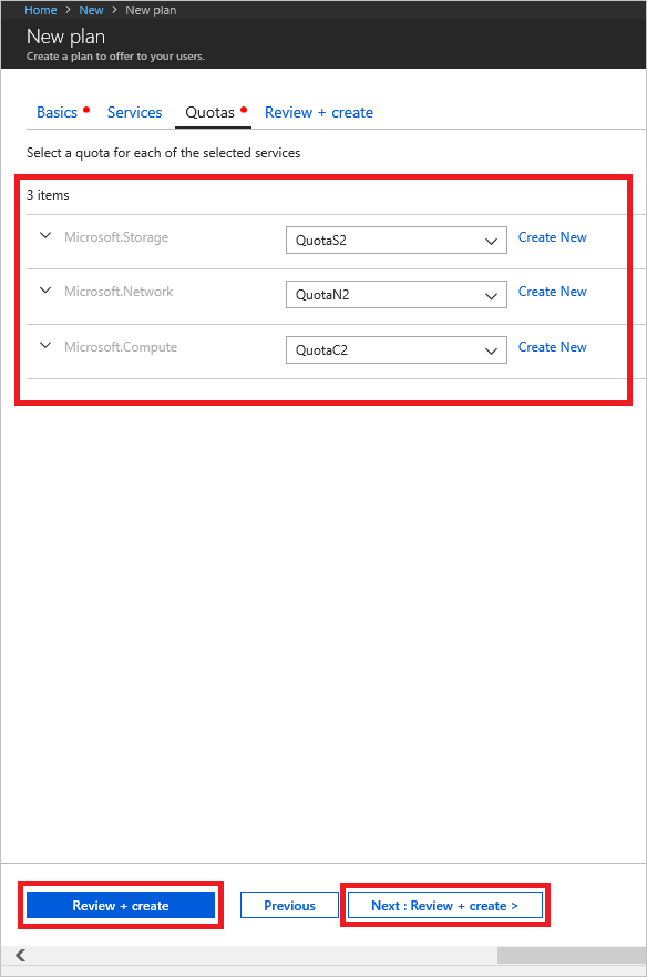 Cuplikan layar yang menunjukkan cara menyelesaikan penetapan kuota untuk paket baru di Azure Stack Hub.