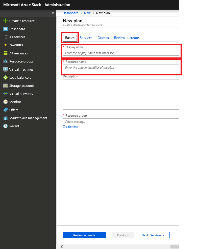 Cuplikan layar yang memperlihatkan cara menentukan detail untuk paket baru di Azure Stack Hub.