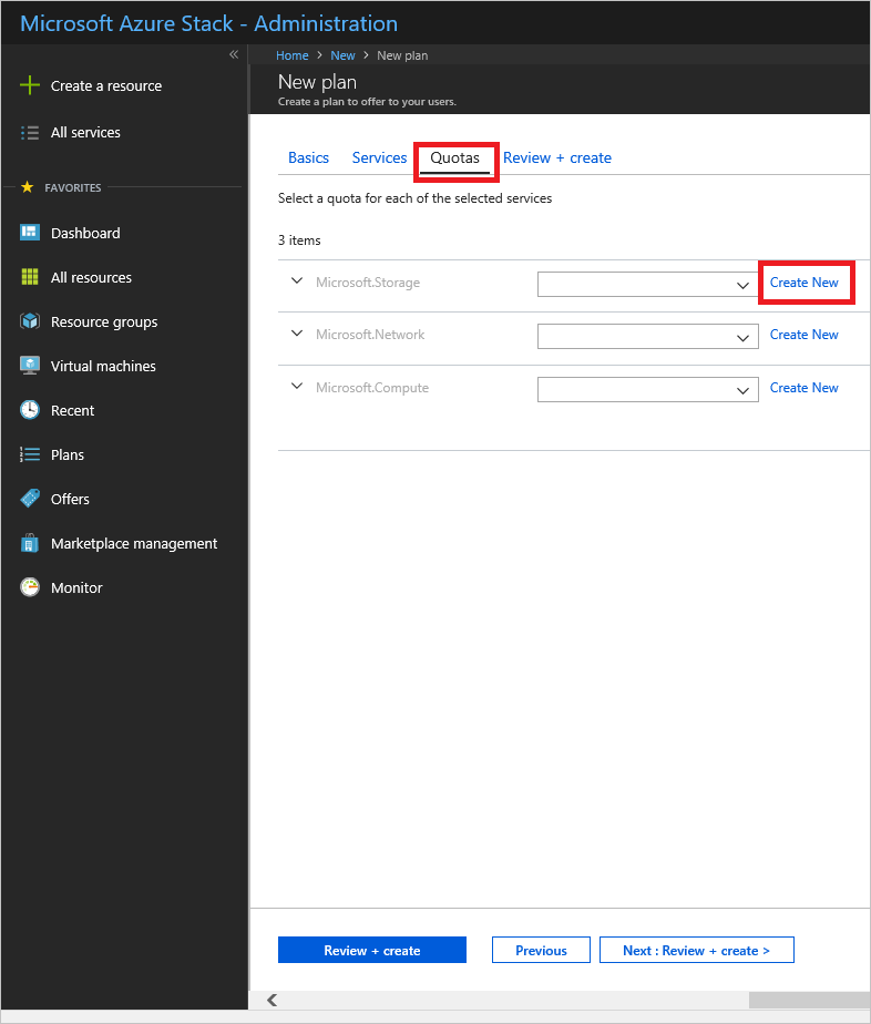 Cuplikan layar yang memperlihatkan cara menentukan kuota untuk paket baru di Azure Stack Hub