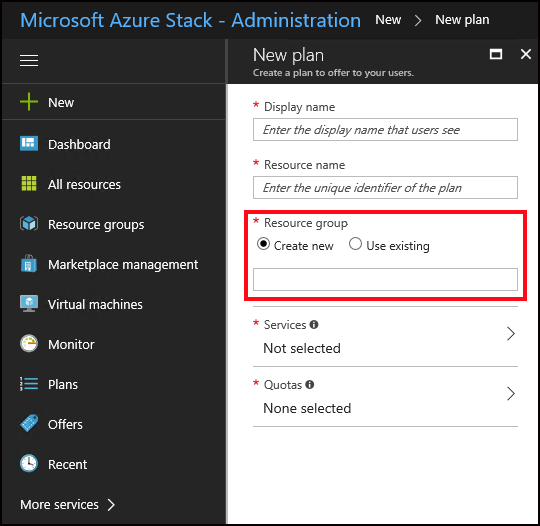 Tentukan grup sumber daya untuk paket baru di Azure Stack Hub