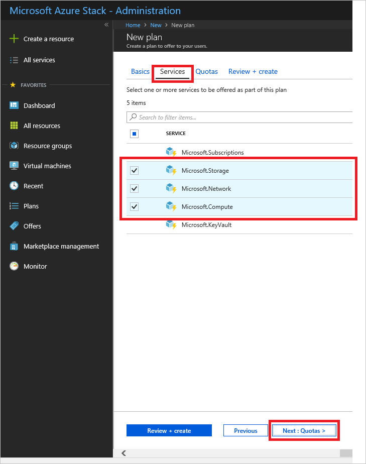 Cuplikan layar yang menunjukkan cara memilih layanan untuk paket baru di Azure Stack Hub.