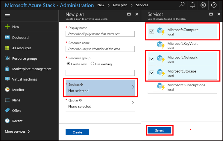 Select services for new plan in Azure Stack Hub