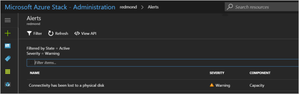 Pemberitahuan yang menunjukkan konektivitas hilang ke disk fisik di administrasi Azure Stack Hub