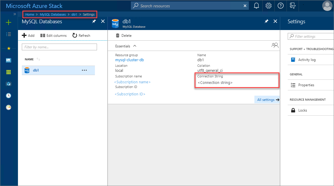 Menampilkan string koneksi di portal pengguna Azure Stack Hub