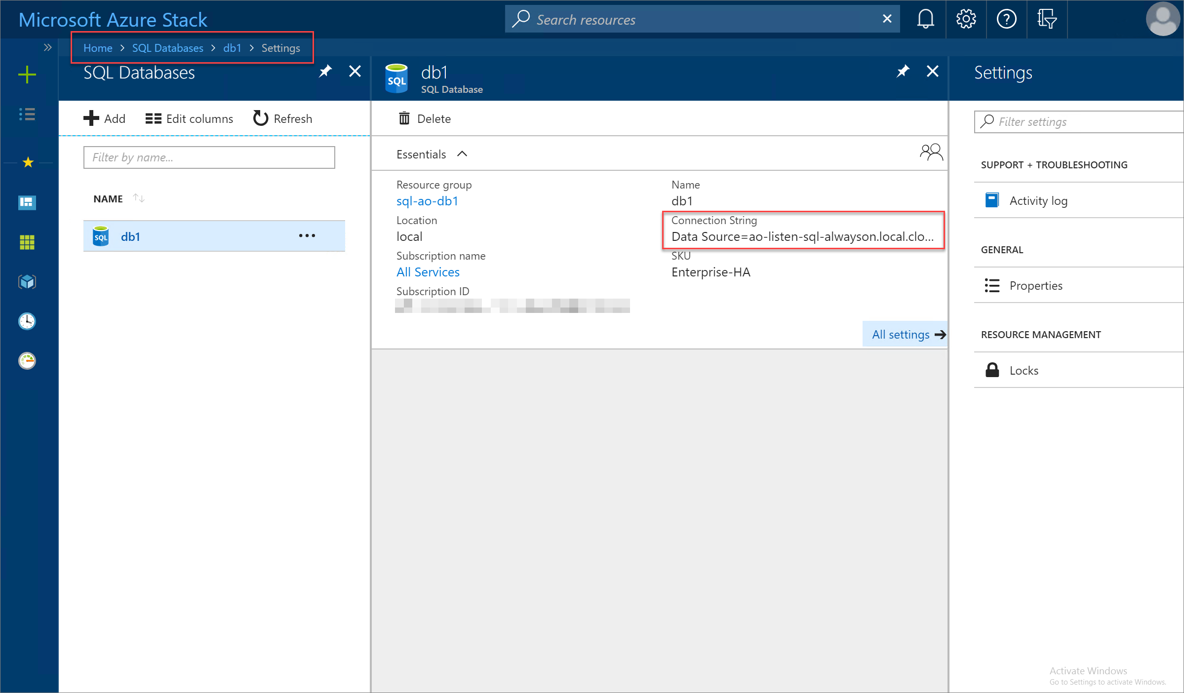 Menampilkan string koneksi di portal pengguna Azure Stack Hub