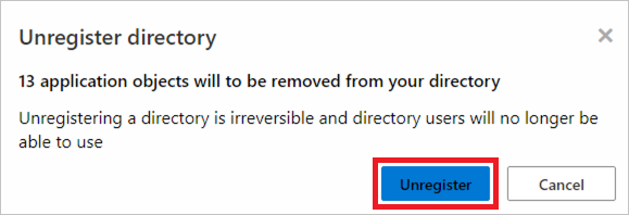 Cuplikan layar yang memperlihatkan penghapusan Batalkan pendaftaran untuk membatalkan pendaftaran direktori.
