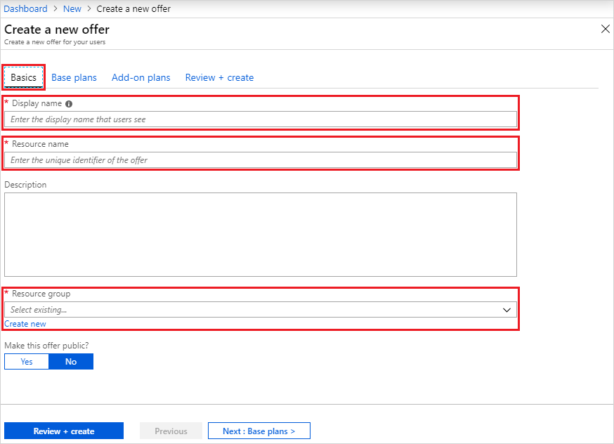 Cuplikan layar yang memperlihatkan tempat untuk menambahkan informasi dasar di portal administrasi Azure Stack Hub.