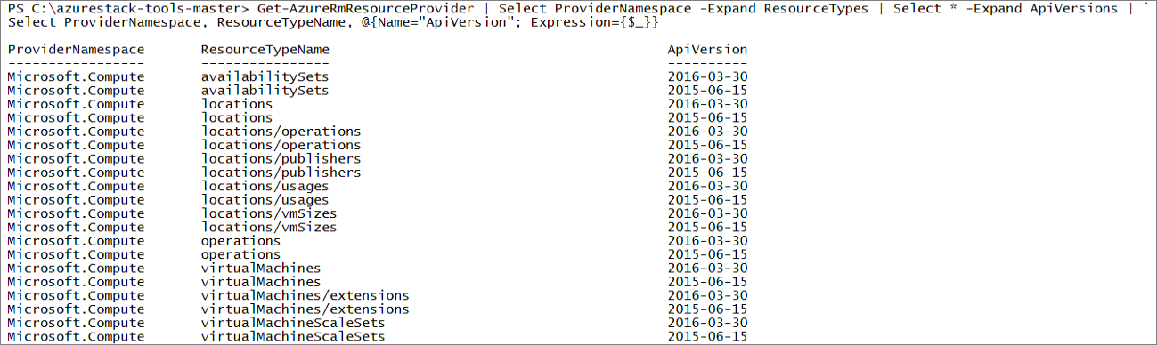 Contoh output perintah Get-AzResourceProvider