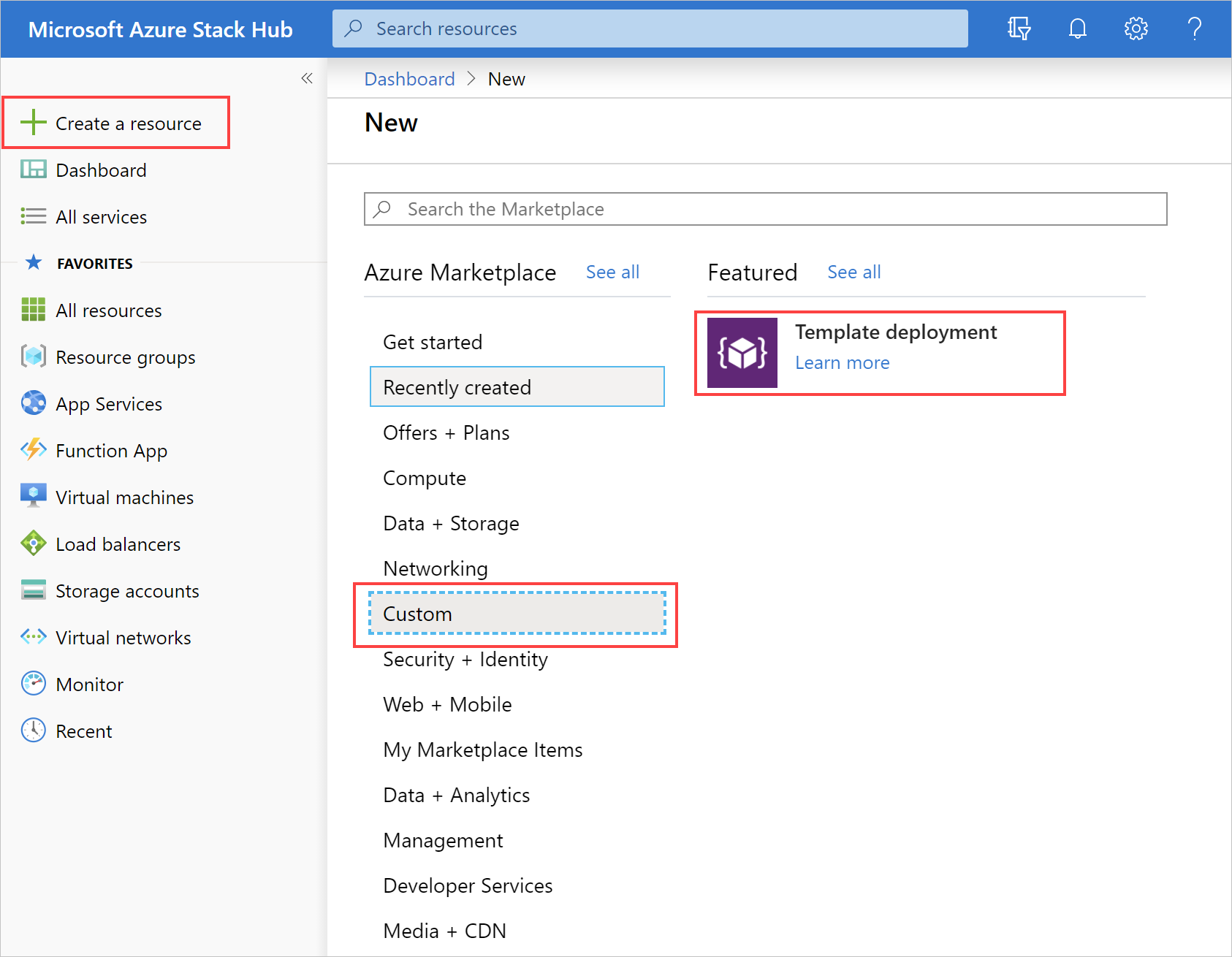 Membuat sumber daya di portal Azure Stack Hub