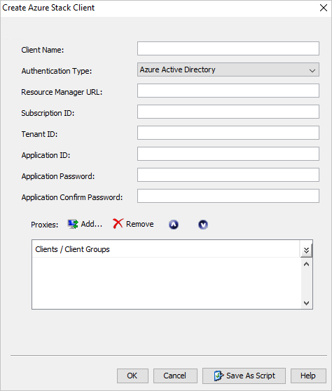 Kotak dialog Buat Klien Azure Stack memiliki kotak daftar dan teks untuk menentukan karakteristik klien.