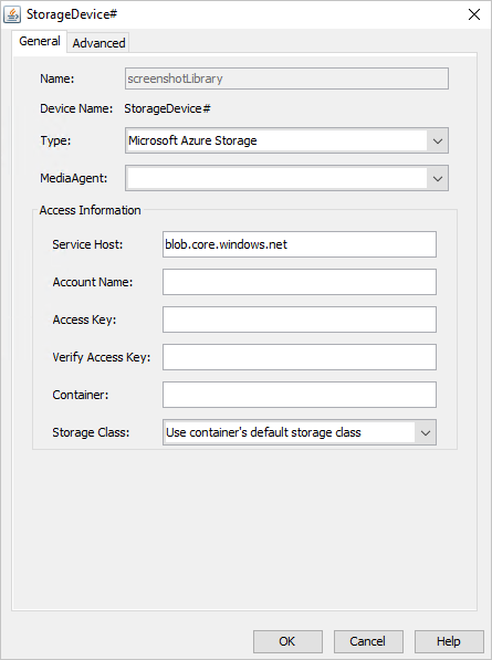 Kotak dialog StorageDevice# menampilkan halaman tab Umum, dengan berbagai kotak daftar dan teks untuk menentukan perangkat penyimpanan yang akan dibuat.