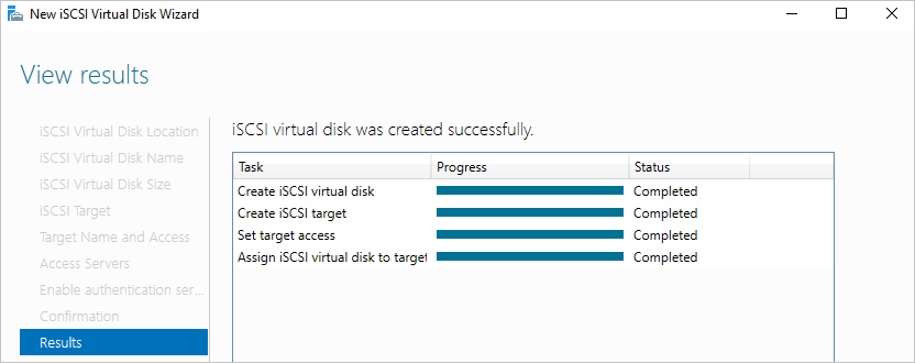 Halaman Hasil Wizard Disk Virtual iSCSI Baru menunjukkan bahwa pembuatan disk virtual ISCSI berhasil.
