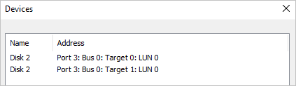 Kotak dialog Perangkat memperlihatkan Disk 2 yang tercantum pada dua baris. Targetnya adalah 0 pada baris pertama, 1 pada yang kedua.