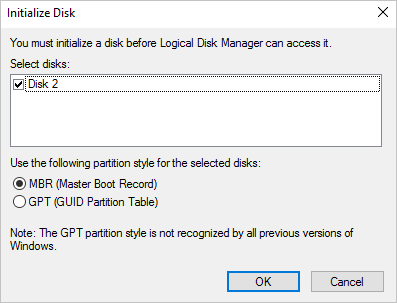 Kotak dialog Inisialisasi Disk memperlihatkan Disk 2 dicentang, dan MBR (Master Boot Record) dipilih sebagai gaya partisi. Ada tombol OK.