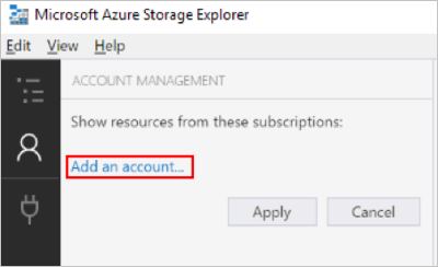 Cuplikan layar yang memperlihatkan cara menambahkan akun di Storage Explorer.