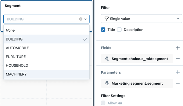 Widget filter yang dikonfigurasi dengan sebuah bidang, seperti dijelaskan sebelumnya.
