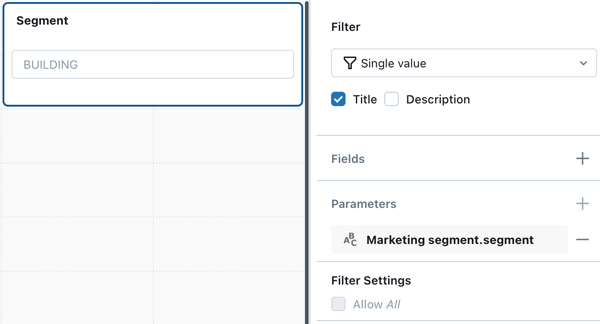 Filter widget yang dikonfigurasi dengan parameter, seperti yang dijelaskan.