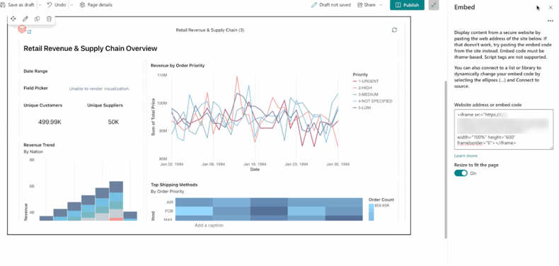 Dashboard yang disematkan di halaman draf SharePoint