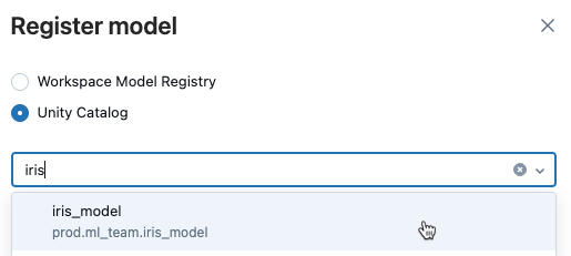 Daftarkan dialog versi model dengan menu dropdown