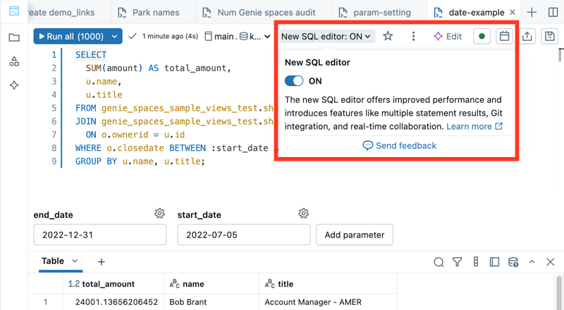Cuplikan layar memperlihatkan editor SQL dengan editor kueri baru dinonaktifkan