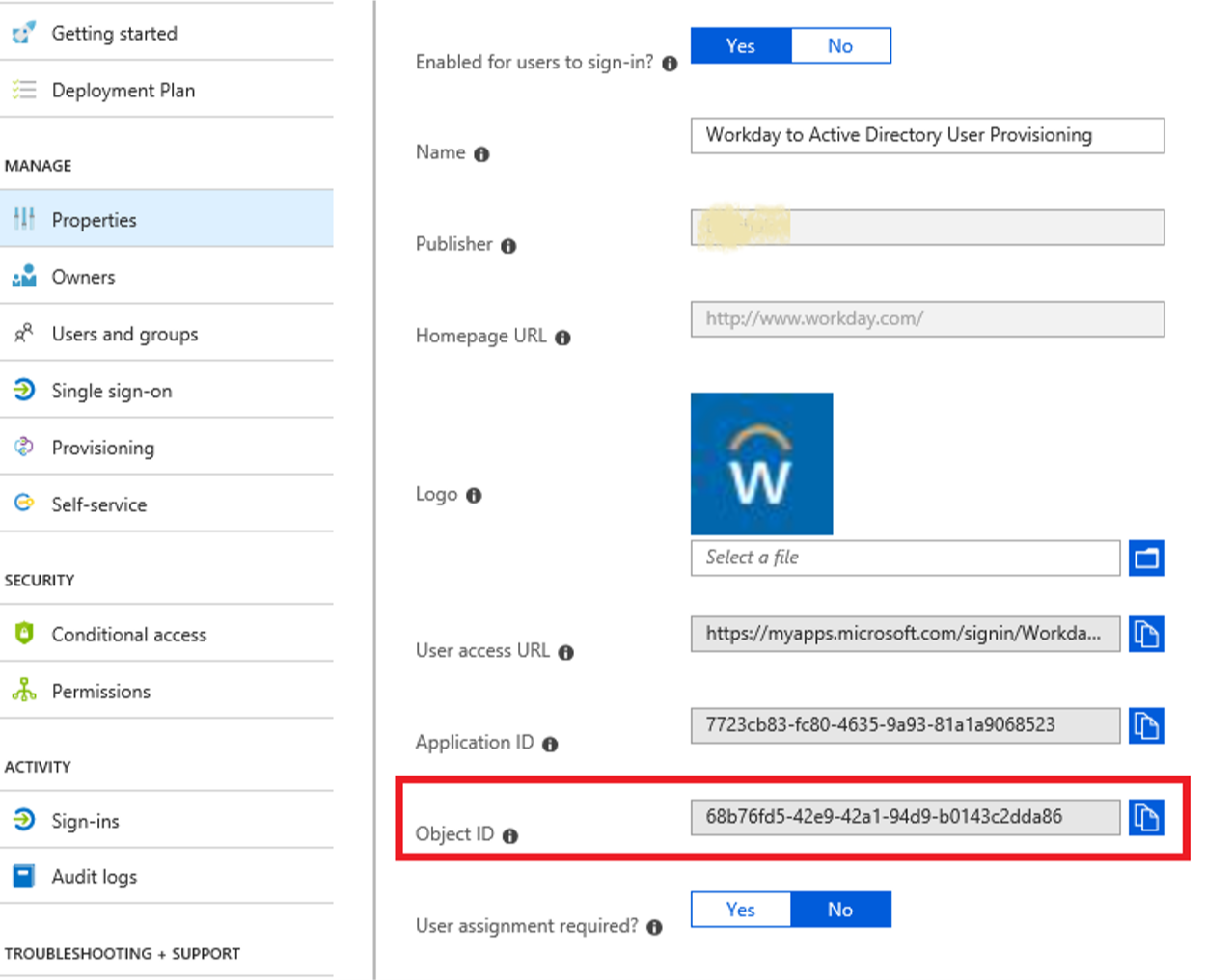 Screenshot of Workday App Service Principal ID.