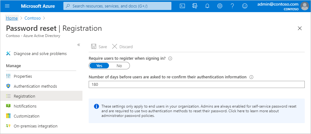 Opsi pendaftaran SSPR di portal Microsoft Azure