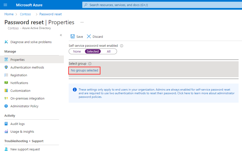 Pilih grup di portal Microsoft Azure untuk mengaktifkan reset kata sandi layanan mandiri