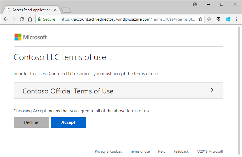Cuplikan layar memperlihatkan contoh kebijakan ketentuan penggunaan yang muncul saat pengguna masuk.