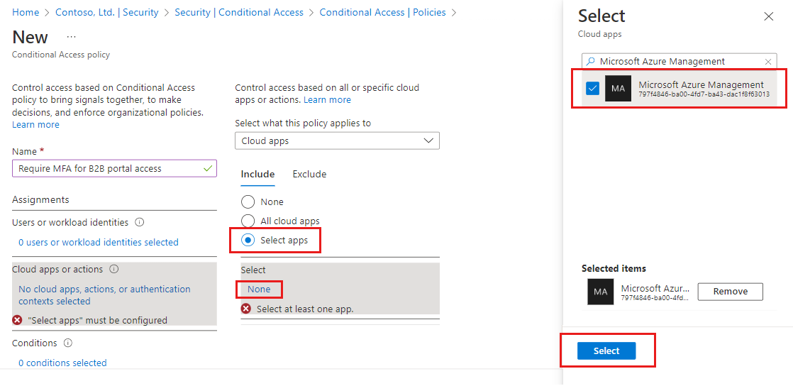 Screenshot showing the Cloud apps page and the Select option.