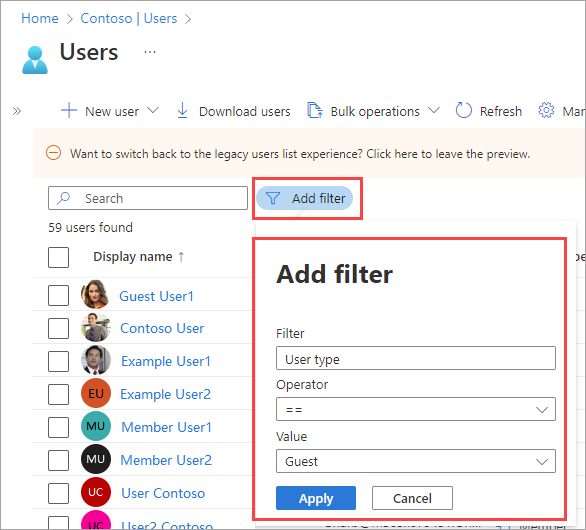 Cuplikan layar memperlihatkan cara menambahkan filter Jenis pengguna untuk tamu.