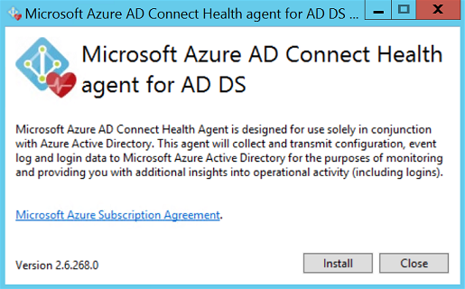 Cuplikan layar yang memperlihatkan jendela penginstalan Agen Microsoft Entra Koneksi Health untuk AD DS.