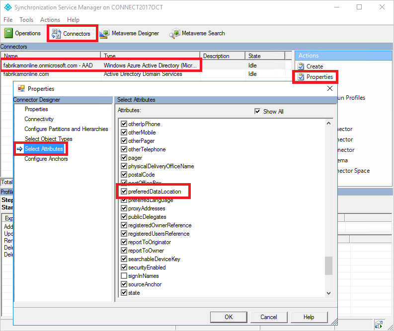 Cuplikan layar kotak dialog Synchronization Service Manager dan Properti