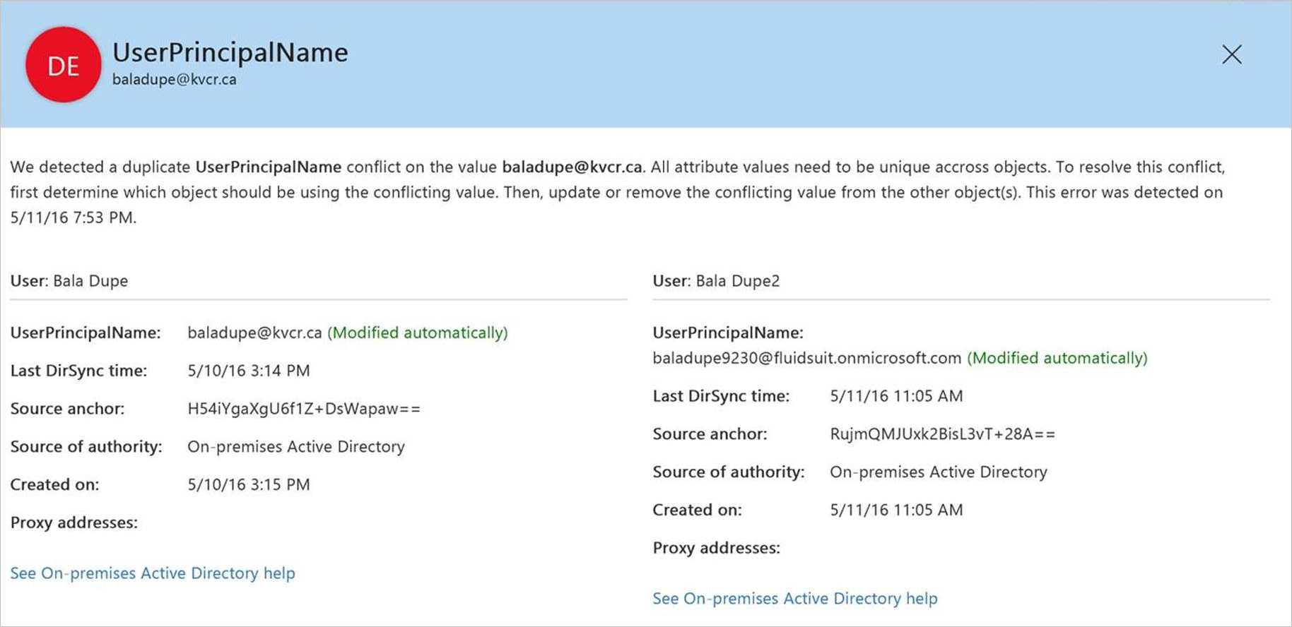 Cuplikan layar yang memperlihatkan kesalahan sinkronisasi direktori di pusat admin Microsoft 365.