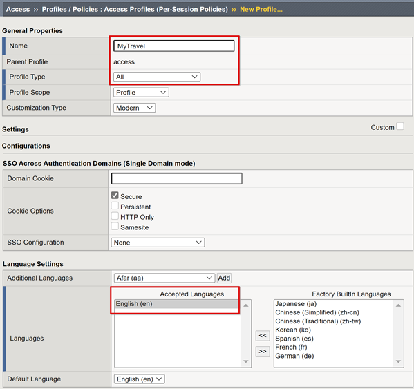 Screenshot shows access profile configuration