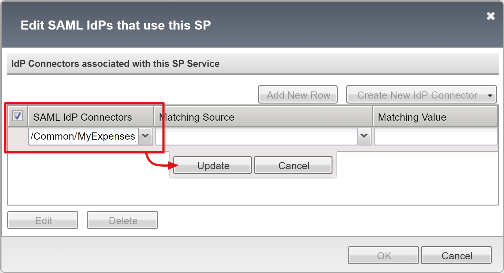 Screenshot of the Update option for the SAML IdP Connector entry.