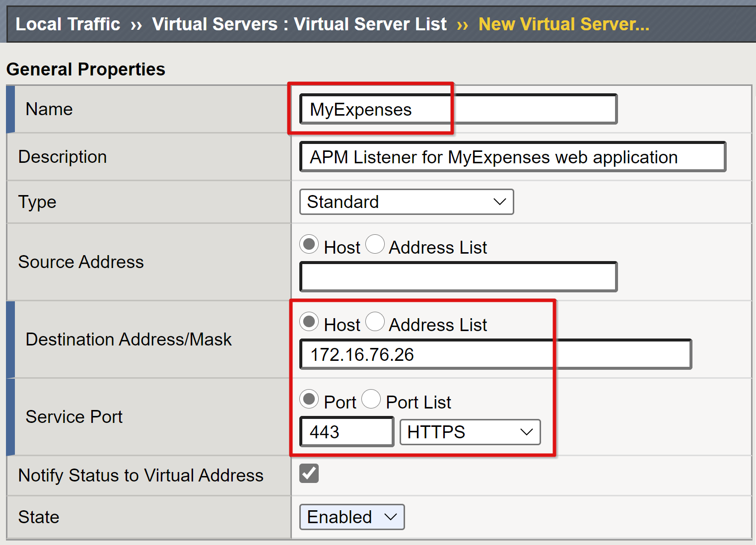 Screenshot of Name, Destination Address/Mask, and Service Port entries under General Properties.