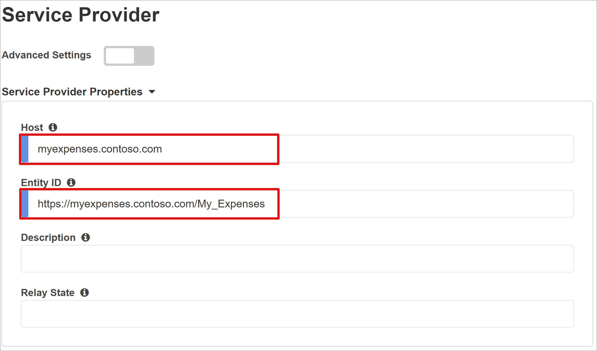 Screenshot if Host and Entity ID entries on Service Provider.