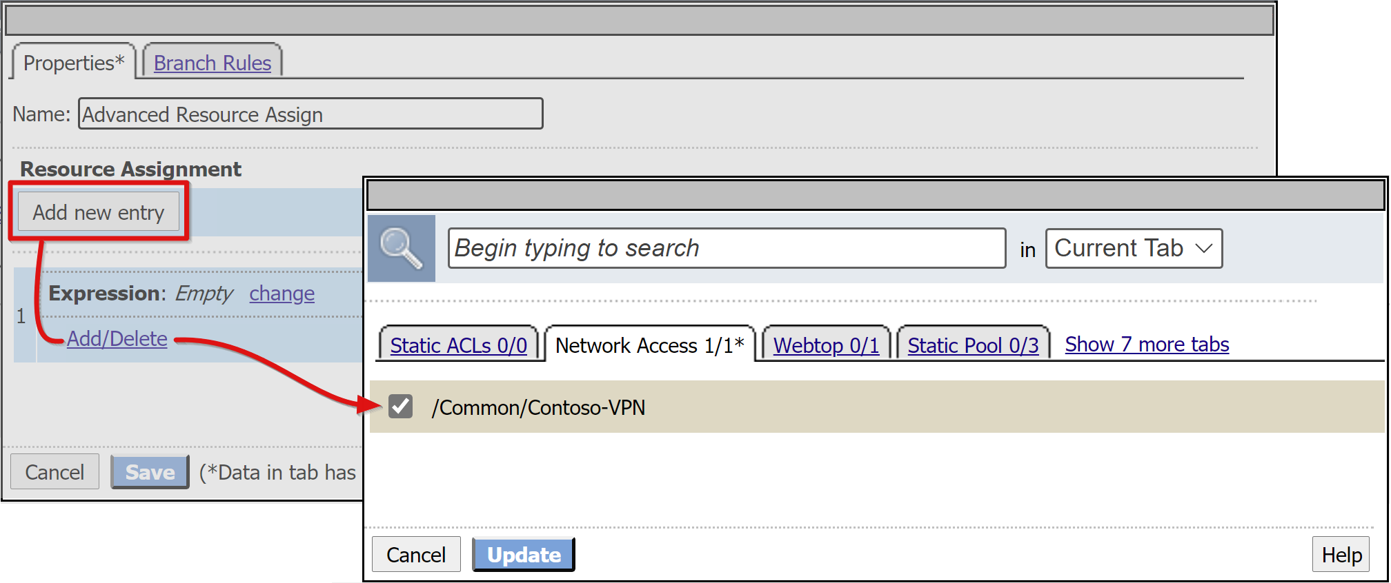 Cuplikan layar tombol Tambahkan entri baru pada Penugasan Sumber Daya, pada tab Properti.