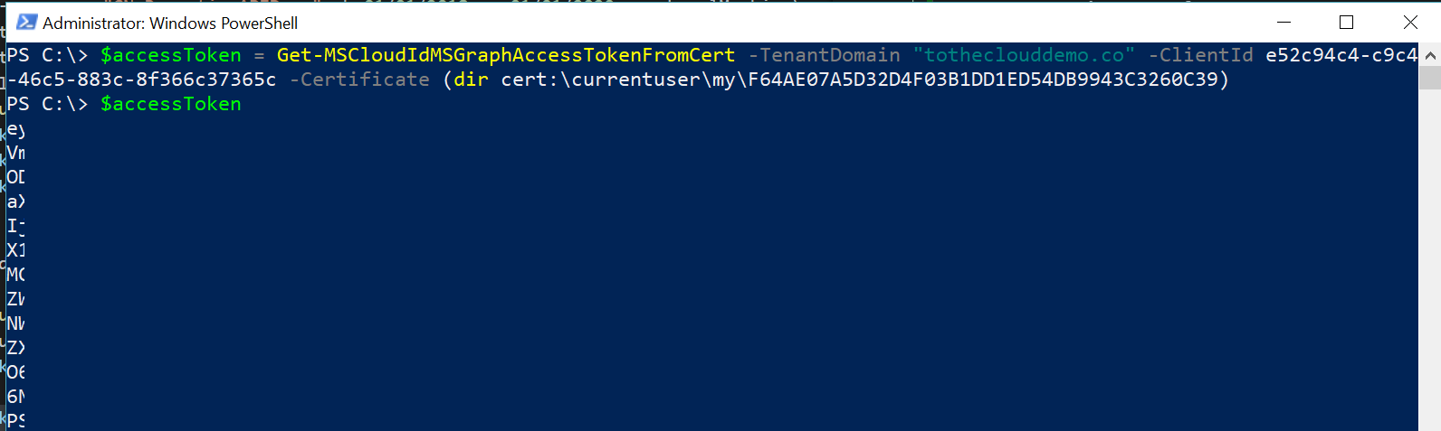 Screenshot shows a PowerShell window with a command that creates an access token.