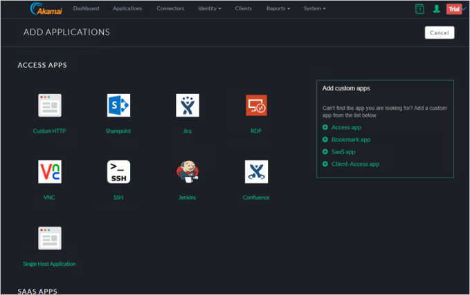 Cuplikan layar wizard Tambahkan Aplikasi konsol Akamai EAA memperlihatkan RDP yang tercantum di bagian Aplikasi Access.