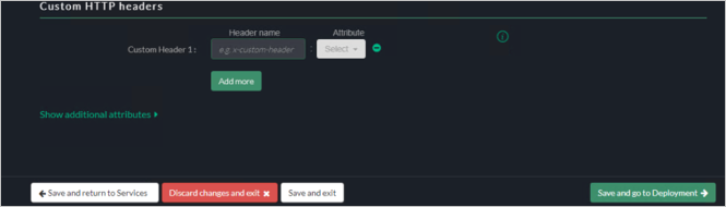 Cuplikan layar pengaturan header HTTP Kustom konsol Akamai EAA untuk SECRETRDPAPP dengan tombol Simpan dan buka Penyebaran di sudut kanan bawah.
