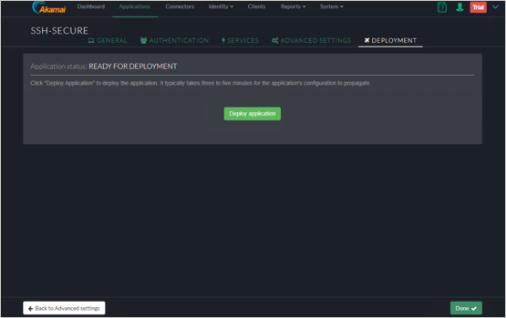 Cuplikan layar tab Penyebaran konsol Akamai EAA untuk SSH-SECURE memperlihatkan tombol Sebarkan aplikasi.
